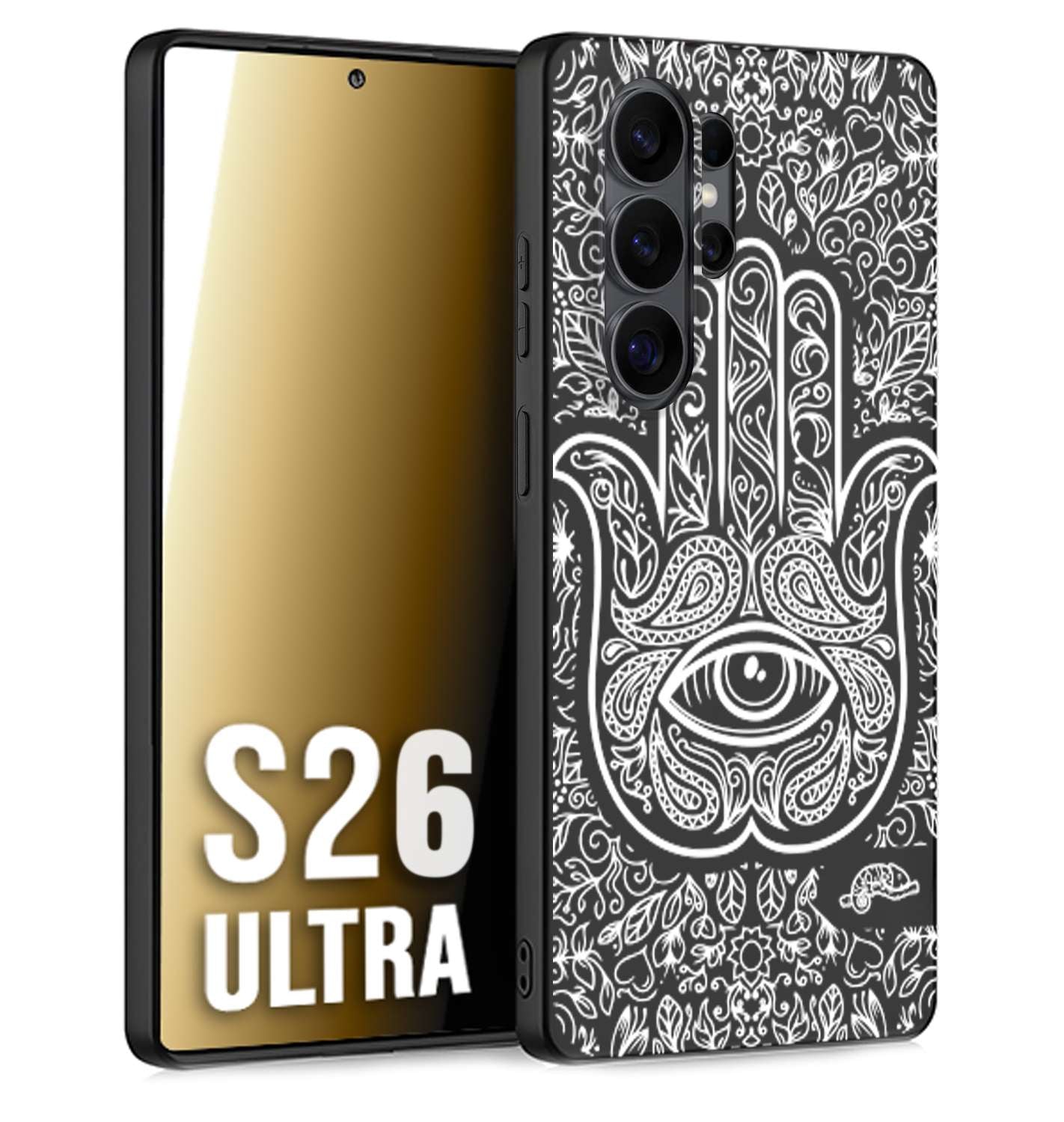 CUSTOMIZZA - Custodia cover nera morbida in tpu compatibile per Samsung S26 ULTRA mano di fatima effetto rilievo mandala donna