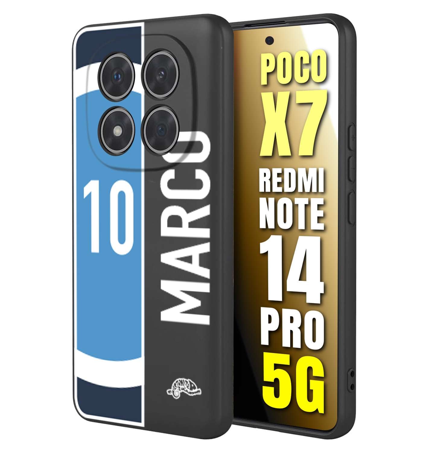 CUSTOMIZZA - Custodia cover nera morbida in tpu compatibile per Xiaomi Redmi Note 14 PRO 5G personalizzata calcio football nome e numero calciatori biancoazzurri bianco celesti