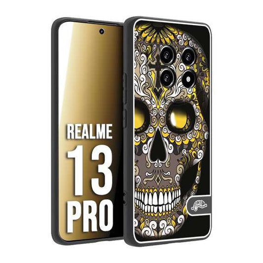 CUSTOMIZZA - Custodia cover nera morbida in tpu compatibile per Realme 13 PRO teschio messicano Mexican skull nero giallo