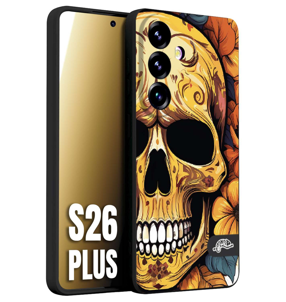 CUSTOMIZZA - Custodia cover nera morbida in tpu compatibile per Samsung S26 PLUS teschio messicano colorato dorato fiori autunnali disegnato