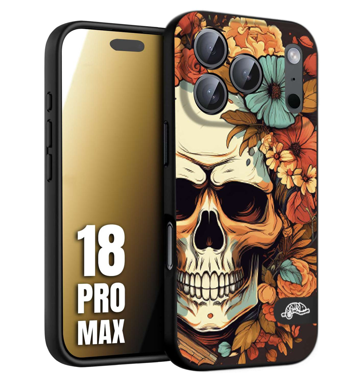 CUSTOMIZZA - Custodia cover nera morbida in tpu compatibile per iPhone 18 PRO MAX teschio skull flowers fiori autunnali arancio celeste tattoo