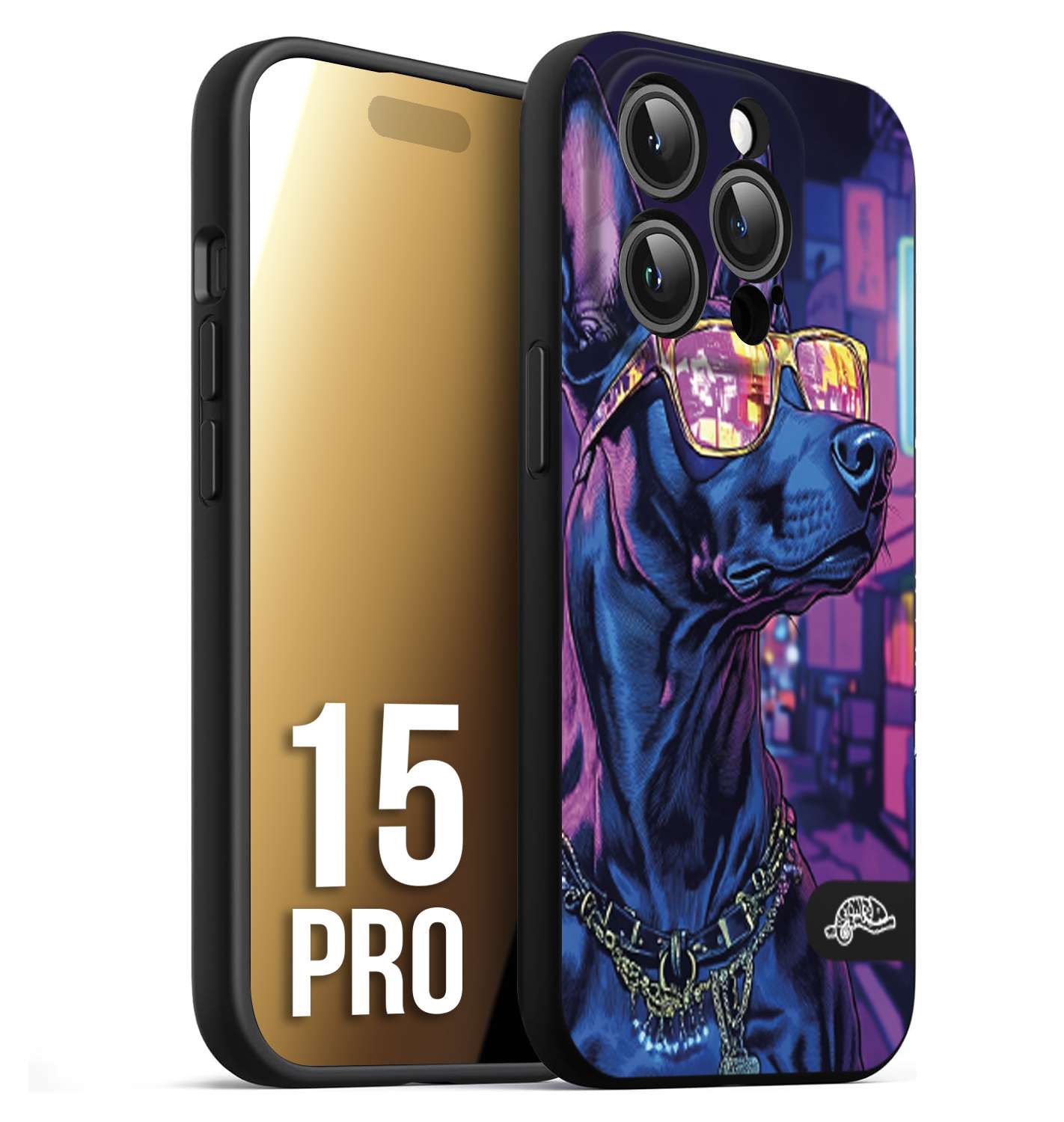 CUSTOMIZZA - Custodia cover nera morbida in tpu compatibile per iPhone 15 PRO animali cyberpunk dobermann cane street dog fucsia blu night