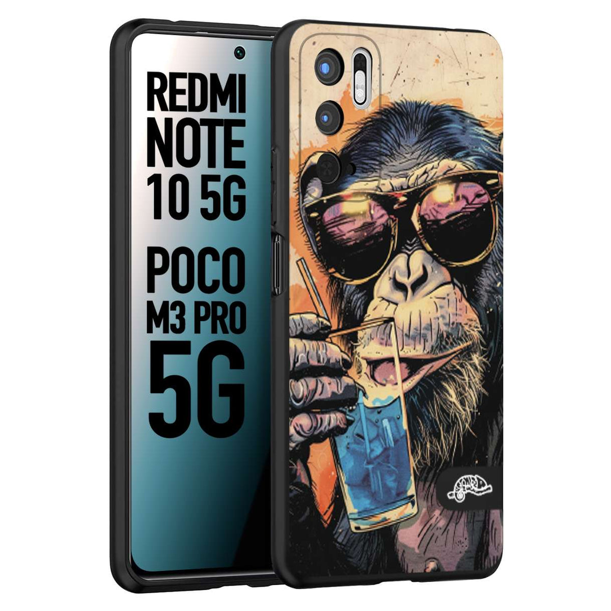 CUSTOMIZZA - Custodia cover nera morbida in tpu compatibile per Xiaomi Redmi Note 10 5G - Poco M3 Pro 5G estate disegnata cocktails animali simpatici scimmia monkey negroni