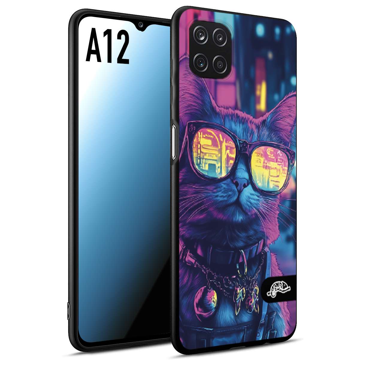 CUSTOMIZZA - Custodia cover nera morbida in tpu compatibile per Samsung A12 animali cyberpunk gatto street cat fucsia blu giallo