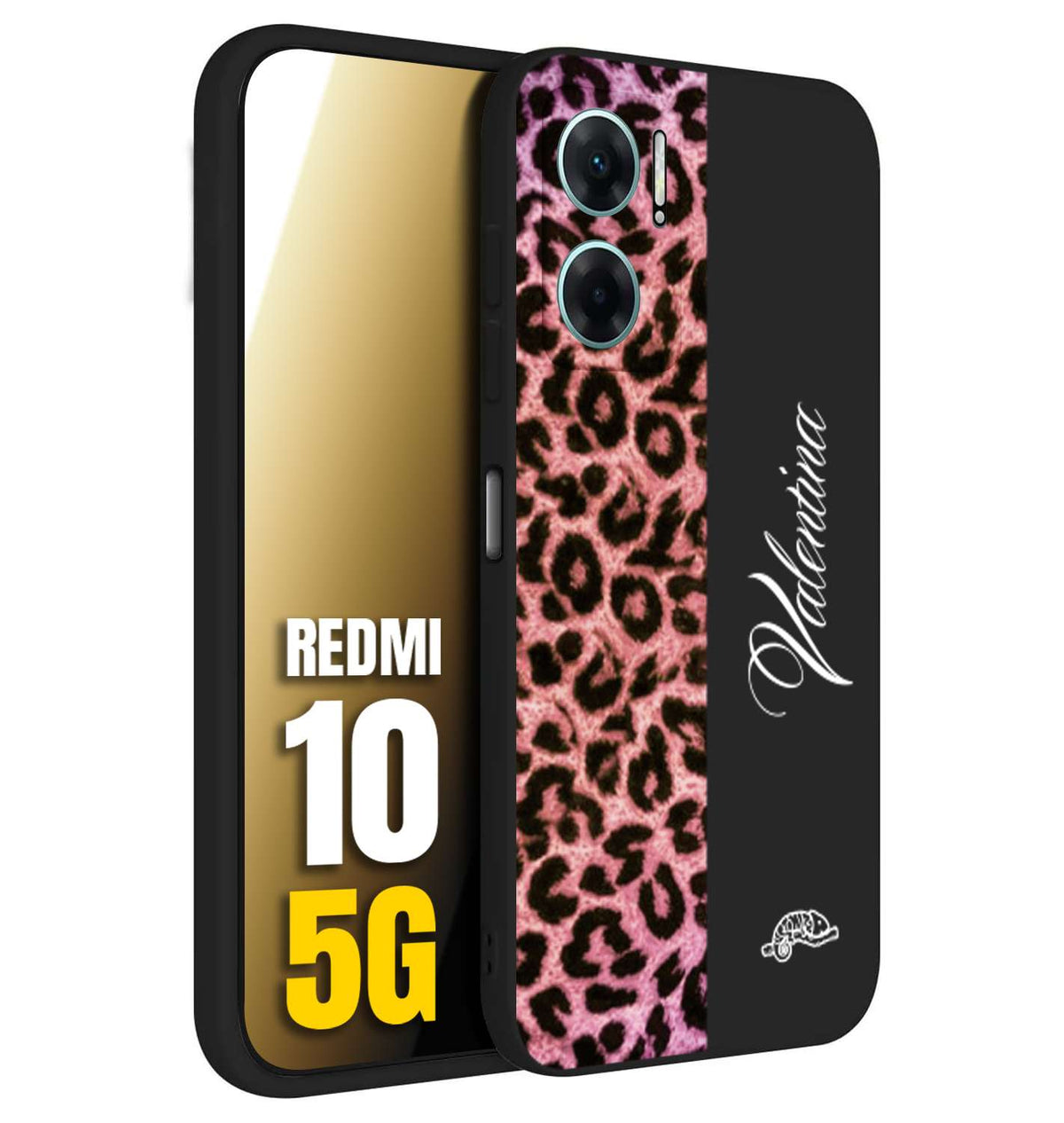 CUSTOMIZZA - Custodia cover nera morbida in tpu compatibile per Xiaomi Redmi 10 5G leopardato rosa fucsia personalizzata nome iniziali