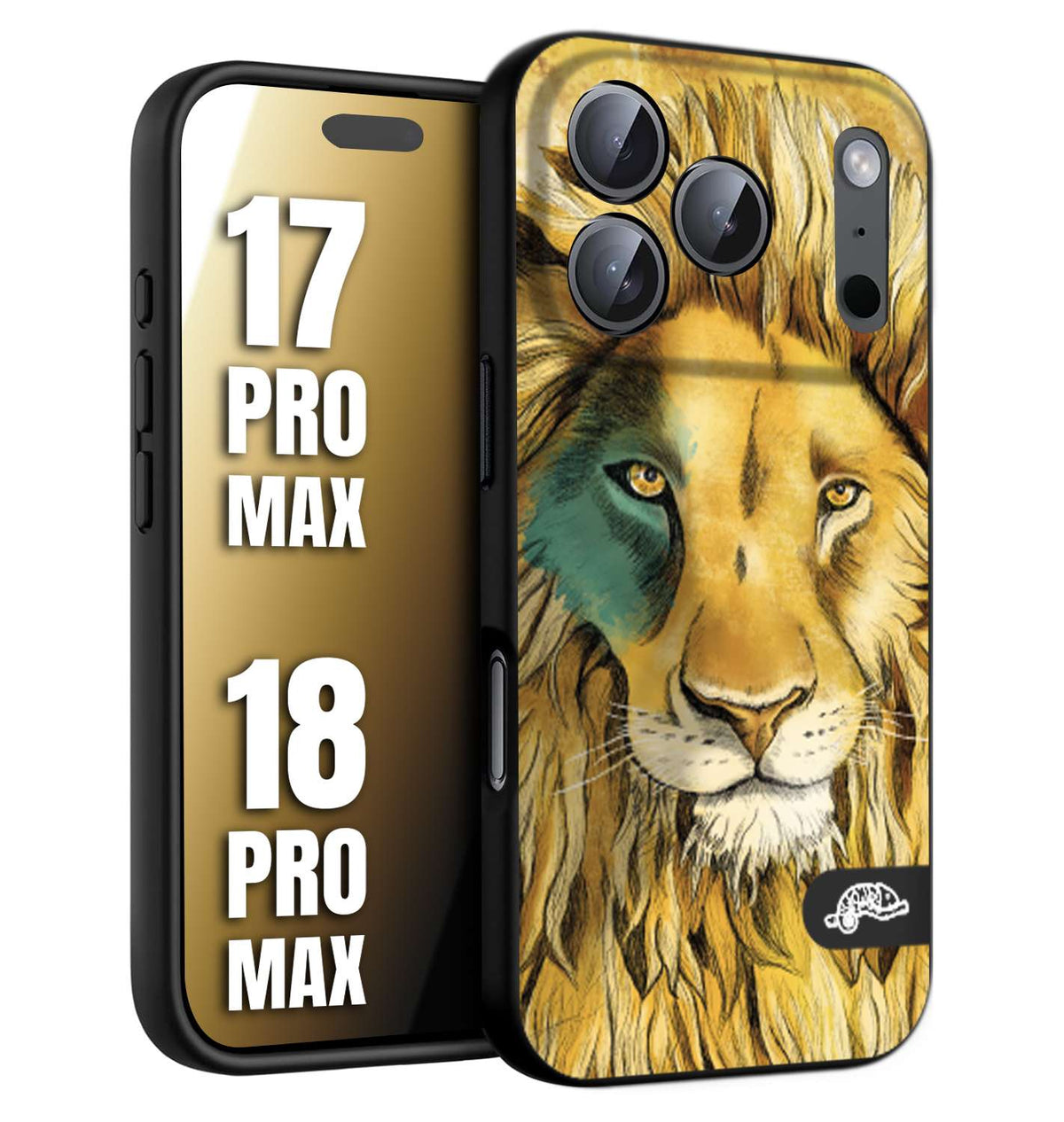 CUSTOMIZZA - Custodia cover nera morbida in tpu compatibile per iPhone 17 PRO MAX - 18 PRO MAX leone lion disegnato a mano giallo blu a rilievo artistico brown