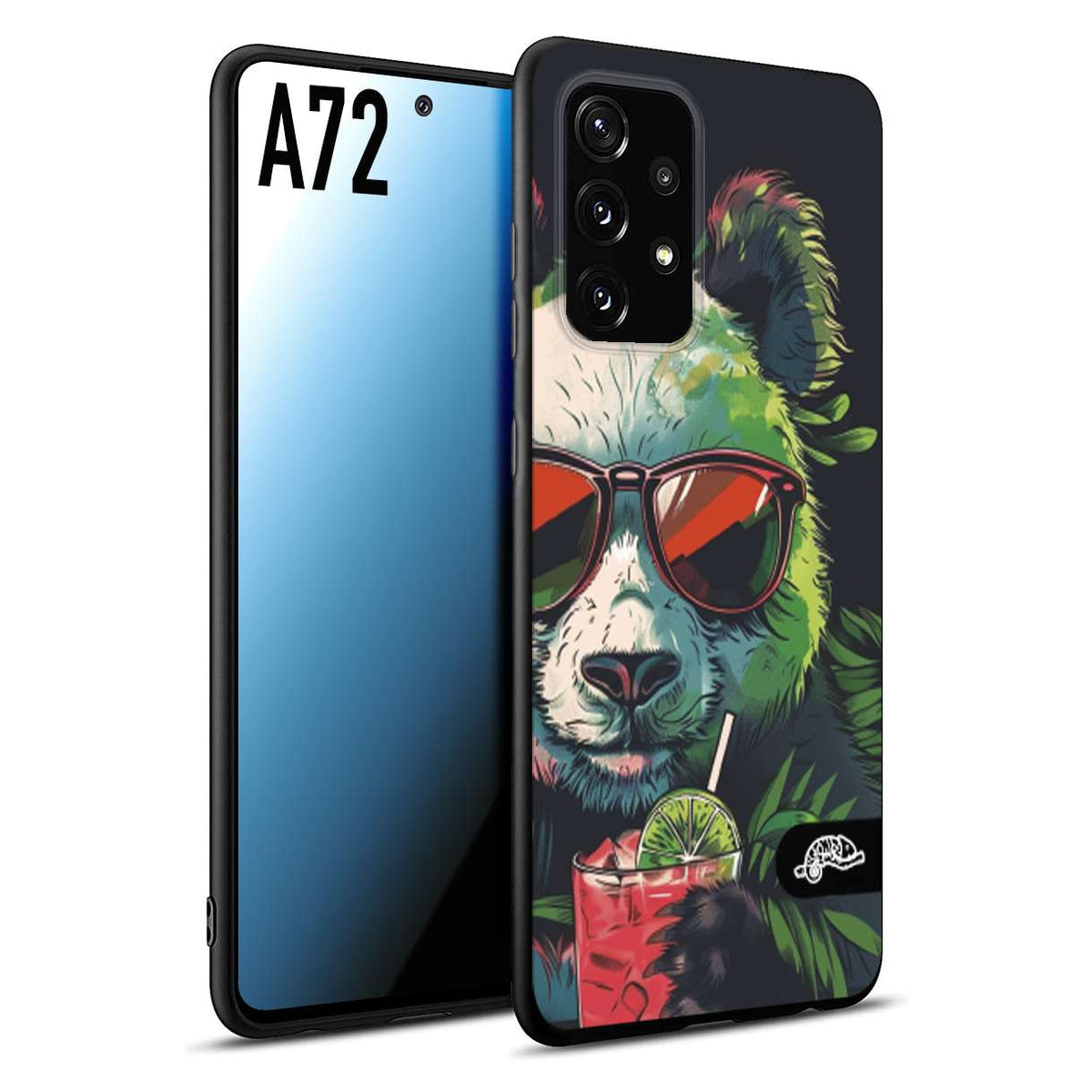 CUSTOMIZZA - Custodia cover nera morbida in tpu compatibile per Samsung A72 estate disegnata cocktails animali simpatici panda mojito
