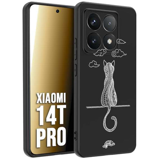 CUSTOMIZZA - Custodia cover nera morbida in tpu compatibile per Xiaomi 14T PRO gatto mandala stilizzato gattino a rilievo soft touch donna bianca