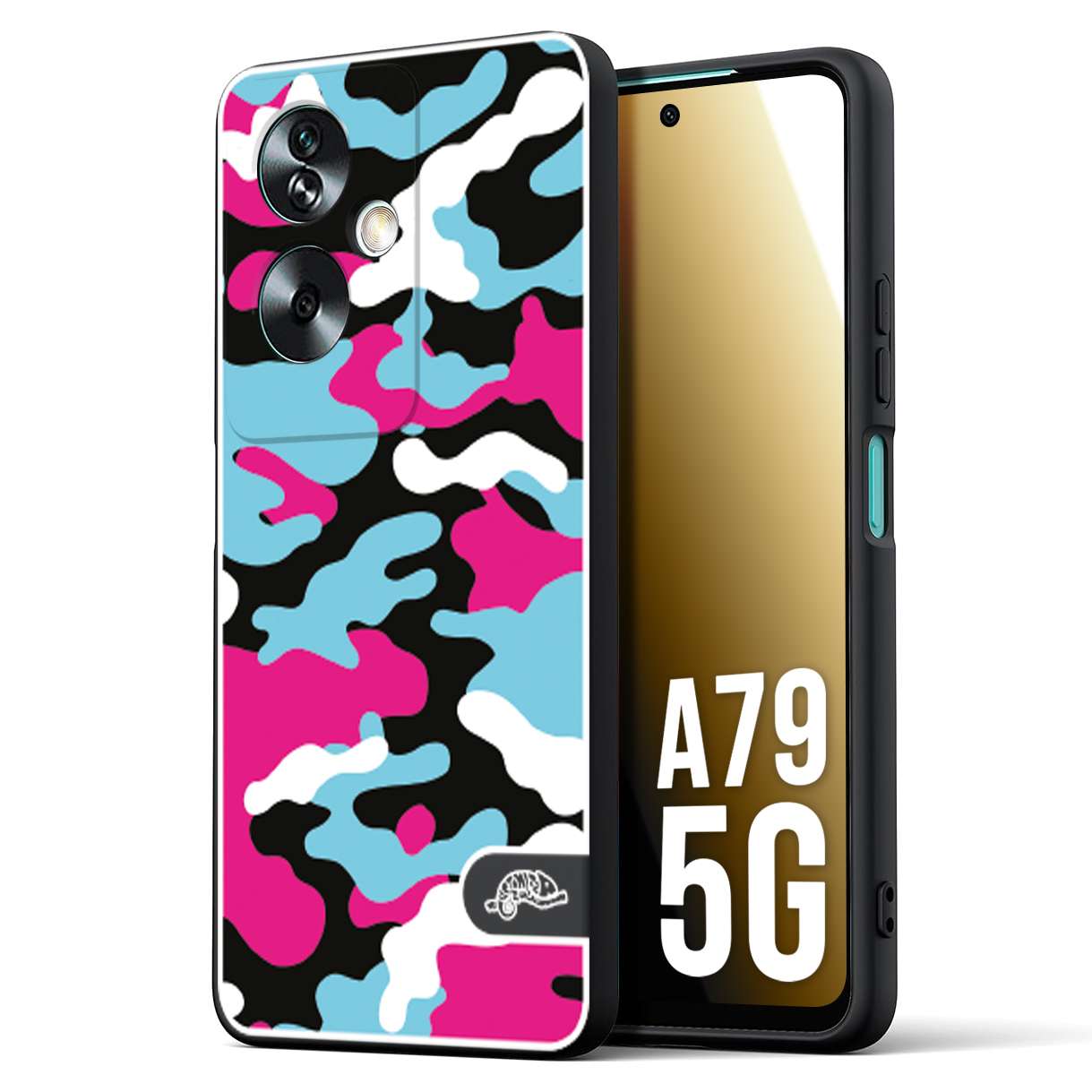 CUSTOMIZZA - Custodia cover nera morbida in tpu compatibile per Oppo A79 5G camouflage mimetico militare fucsia celeste