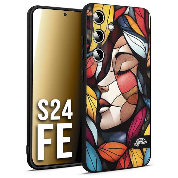 CUSTOMIZZA - Custodia cover nera morbida in tpu compatibile per Samsung S24 FE Vetrata artistica volto di donna profilo fogliare mosaico di vetro colorato