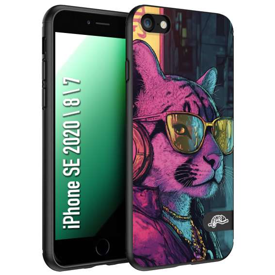 CUSTOMIZZA - Custodia cover nera morbida in tpu compatibile per iPhone 7 - 8 - SE 2020 / 2022 animali cyberpunk pantera street cat fucsia blu giallo