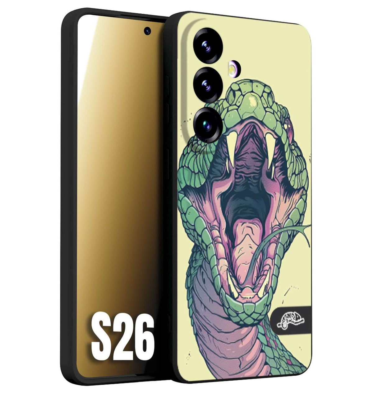CUSTOMIZZA - Custodia cover nera morbida in tpu compatibile per Samsung S26 snake yellow green serpente tatuaggio tattoo disegnato a mano