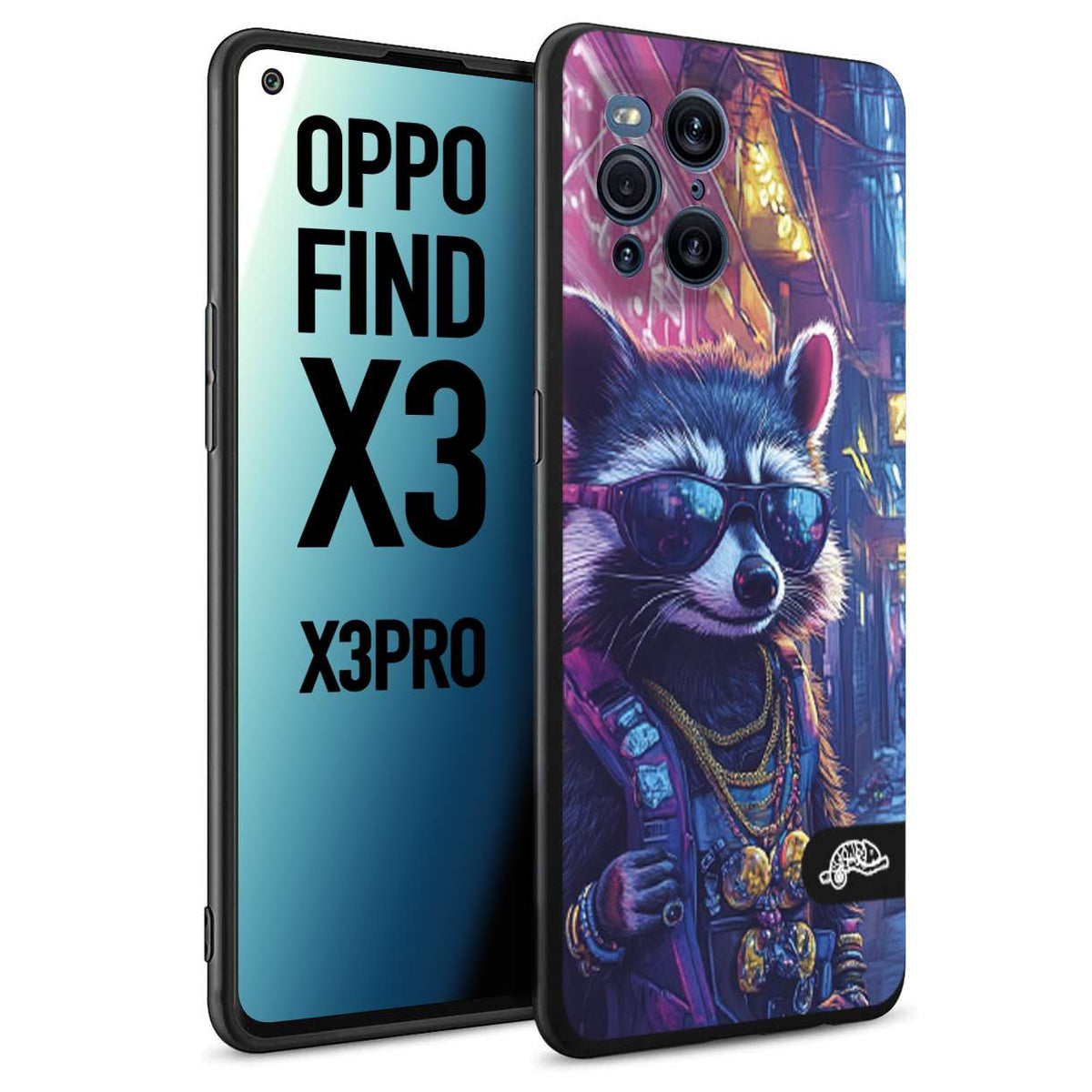 CUSTOMIZZA - Custodia cover nera morbida in tpu compatibile per Oppo Find X3 - Find X3 Pro 5G animali simpatici cyberpunk procione racoon street cat fucsia blu giallo