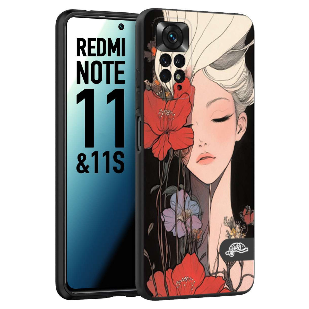 CUSTOMIZZA - Custodia cover nera morbida in tpu compatibile per Xiaomi Redmi Note 11 - Note 11S woman flower Fantasia Floreale Design Donna e Fiori, Retro Artistico
