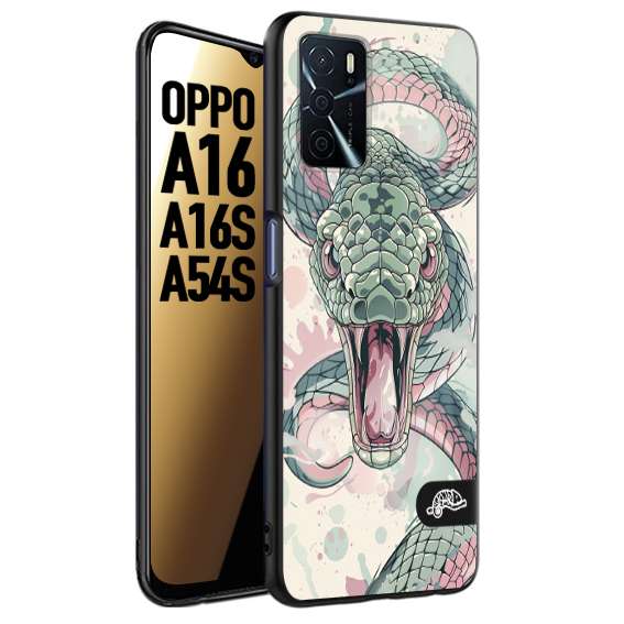 CUSTOMIZZA - Custodia cover nera morbida in tpu compatibile per Oppo A16 - A16S - A54S snake pink green serpente tatuaggio tattoo disegnato a mano