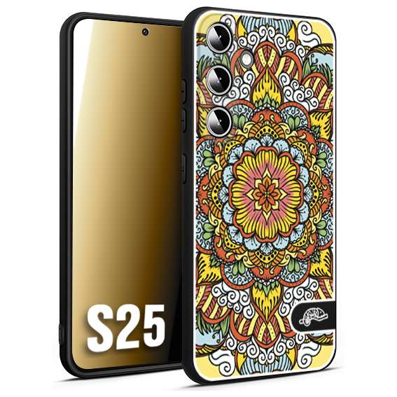 CUSTOMIZZA - Custodia cover nera morbida in tpu compatibile per Samsung S25 mandala colorato fiore nuvole arancione