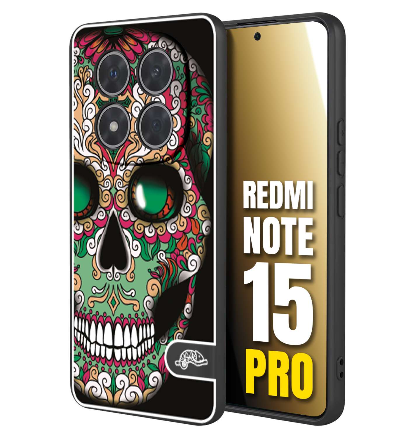 CUSTOMIZZA - Custodia cover nera morbida in tpu compatibile per Xiaomi Redmi Note 15 PRO teschio messicano Mexican skull verde fucsia