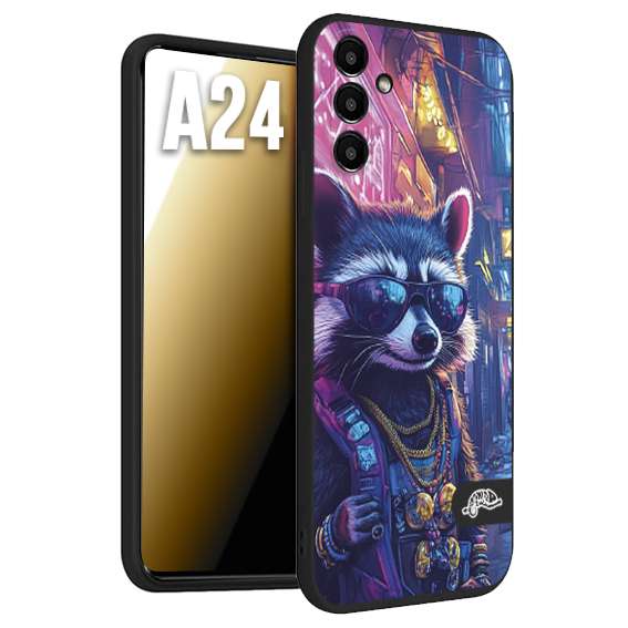 CUSTOMIZZA - Custodia cover nera morbida in tpu compatibile per Samsung A24 animali simpatici cyberpunk procione racoon street cat fucsia blu giallo