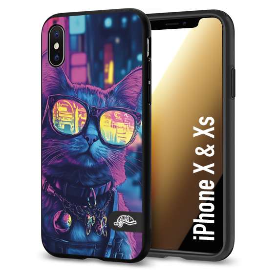CUSTOMIZZA - Custodia cover nera morbida in tpu compatibile per iPhone X - Xs animali cyberpunk gatto street cat fucsia blu giallo