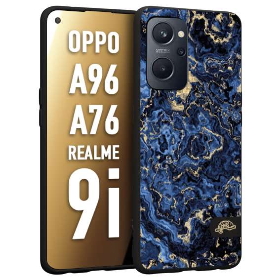 CUSTOMIZZA - Custodia cover nera morbida in tpu compatibile per Realme 9i - A96 - A76 effetto marmo marble blu venature dorato psichedelico