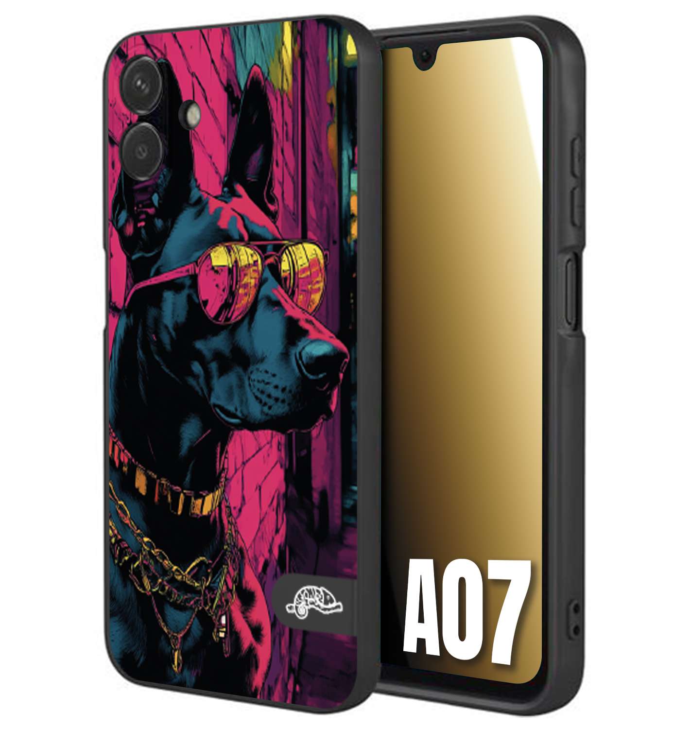 CUSTOMIZZA - Custodia cover nera morbida in tpu compatibile per Samsung A07 animali cyberpunk dobermann cane street dog fucsia blu