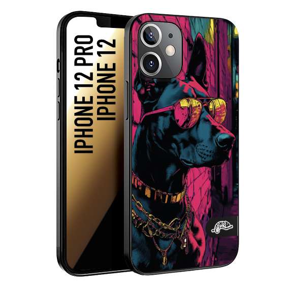 CUSTOMIZZA - Custodia cover nera morbida in tpu compatibile per iPhone 12 - 12 PRO animali cyberpunk dobermann cane street dog fucsia blu