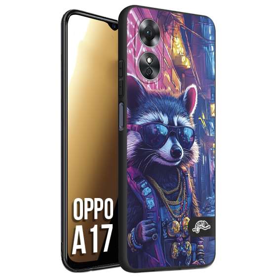 CUSTOMIZZA - Custodia cover nera morbida in tpu compatibile per Oppo A17 animali simpatici cyberpunk procione racoon street cat fucsia blu giallo