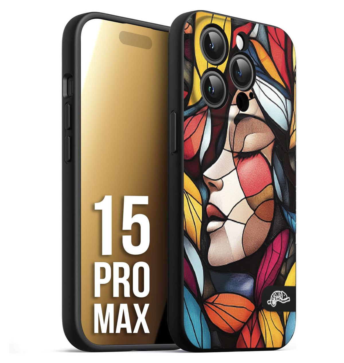 CUSTOMIZZA - Custodia cover nera morbida in tpu compatibile per iPhone 15 PRO MAX Vetrata artistica volto di donna profilo fogliare mosaico di vetro colorato