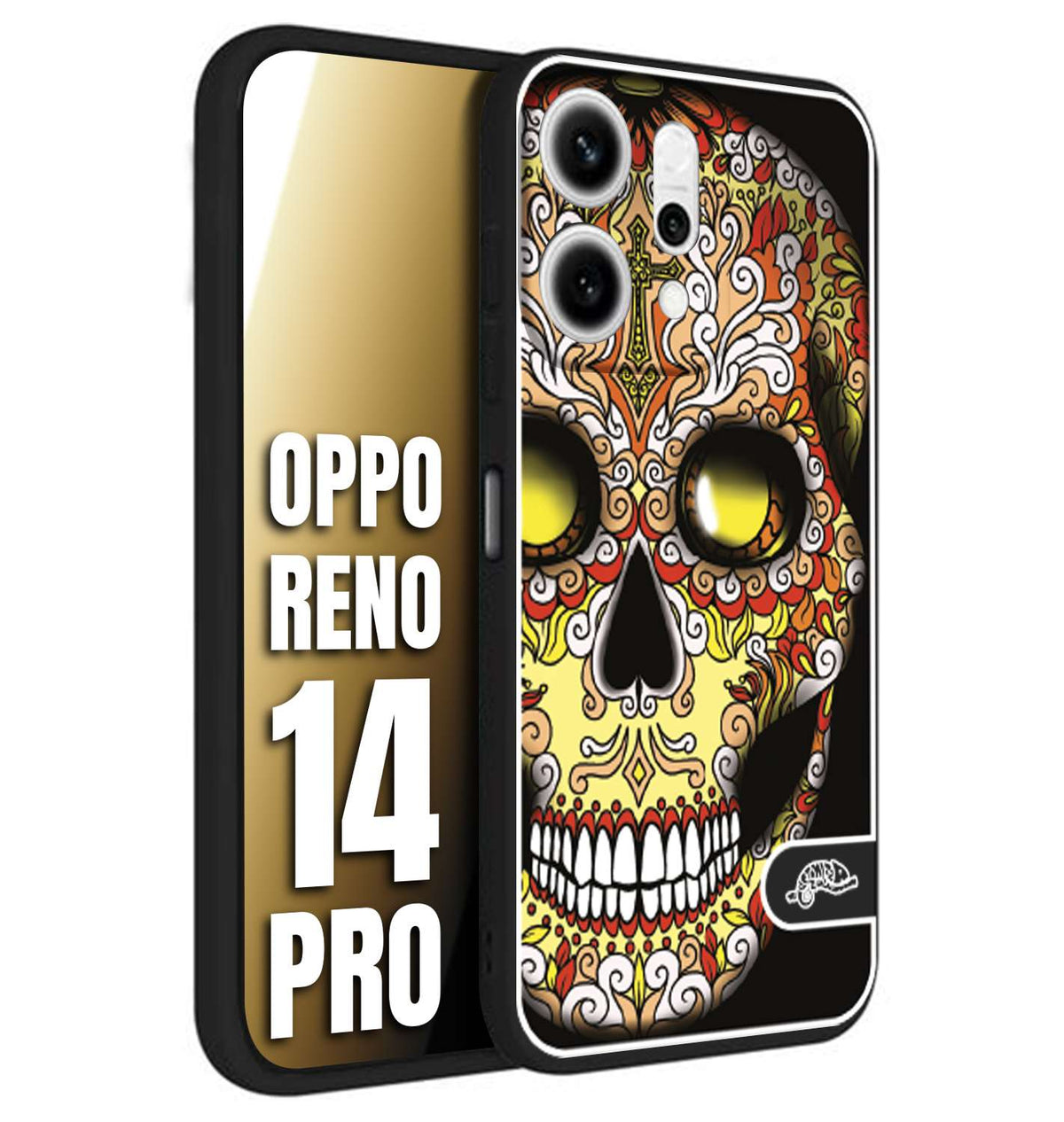 CUSTOMIZZA - Custodia cover nera morbida in tpu compatibile per Oppo Reno 14 PRO teschio messicano Mexican skull giallo rosso arancio