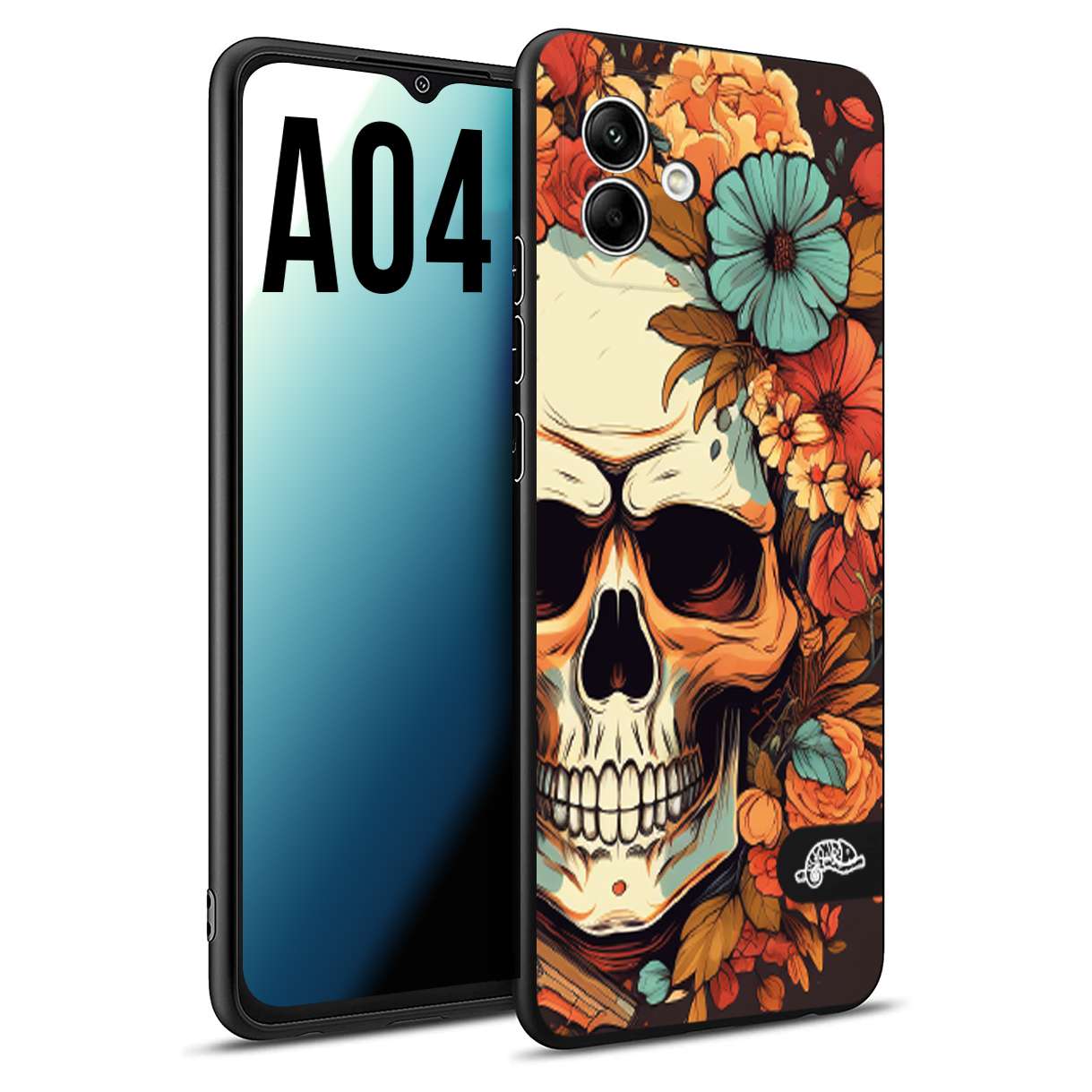 CUSTOMIZZA - Custodia cover nera morbida in tpu compatibile per Samsung A04 teschio skull flowers fiori autunnali arancio celeste tattoo
