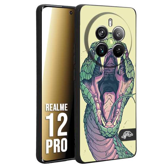 CUSTOMIZZA - Custodia cover nera morbida in tpu compatibile per Realme 12 PRO snake yellow green serpente tatuaggio tattoo disegnato a mano
