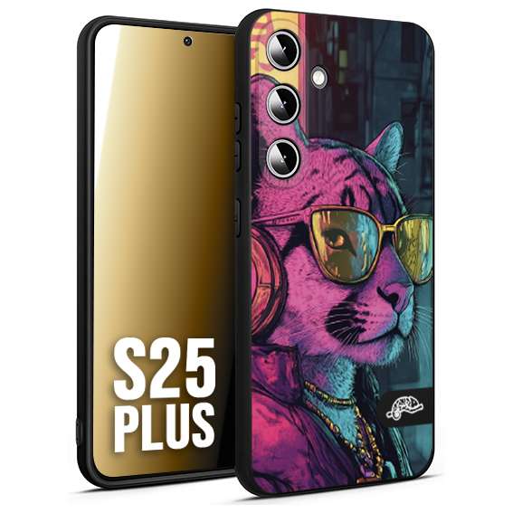 CUSTOMIZZA - Custodia cover nera morbida in tpu compatibile per Samsung S25 PLUS animali cyberpunk pantera street cat fucsia blu giallo