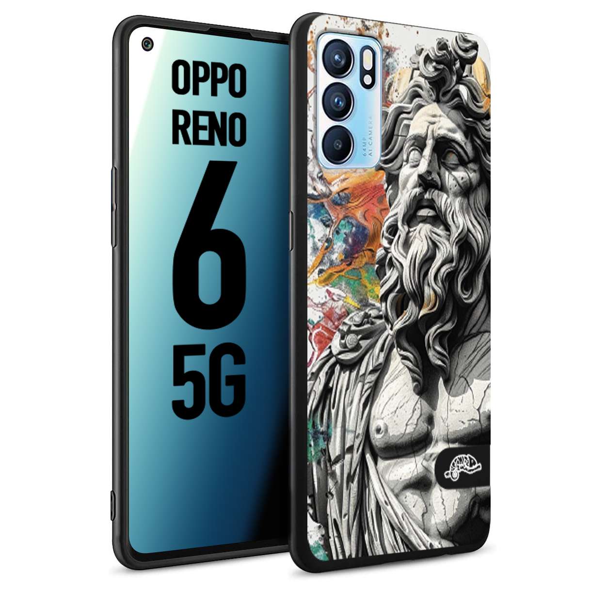 CUSTOMIZZA - Custodia cover nera morbida in tpu compatibile per Oppo Reno 6 5G statua colorata moderna antico tattoo splash color