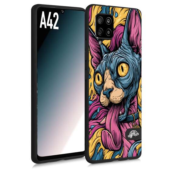 CUSTOMIZZA - Custodia cover nera morbida in tpu compatibile per Samsung A42 Sphynx Colorato Pop Art Psichedelico Gatto Blu Rosa Giallo Artistica Fantasy