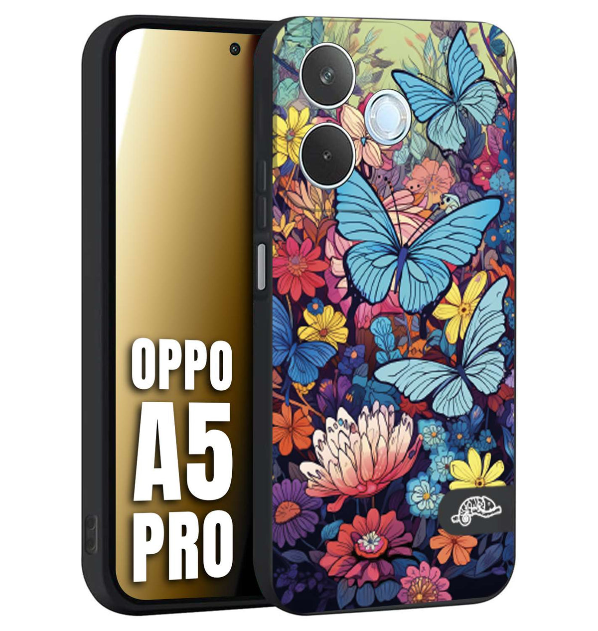 CUSTOMIZZA - Custodia cover nera morbida in tpu compatibile per Oppo A5 PRO farfalle butterfly moderno donna disegnate gialla blu rosa