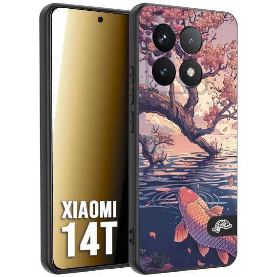 CUSTOMIZZA - Custodia cover nera morbida in tpu compatibile per Xiaomi 14T giapponese lago carpa koi rosa con foglie d'acero disegnata tattoo