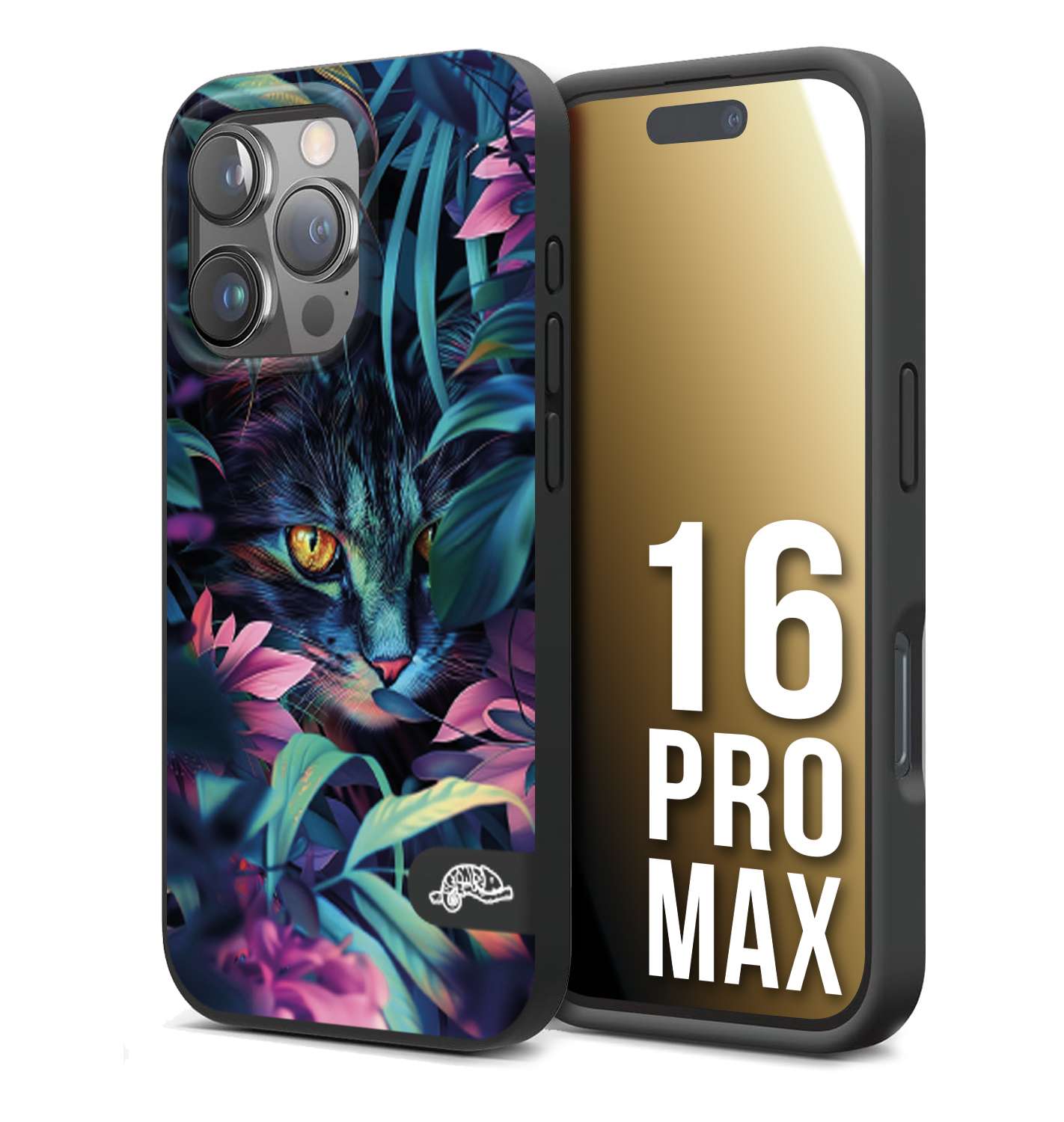 CUSTOMIZZA - Custodia cover nera morbida in tpu compatibile per iPhone 16 PRO MAX animali color giungla tropicale occhio di gatto colori vibranti disegnato