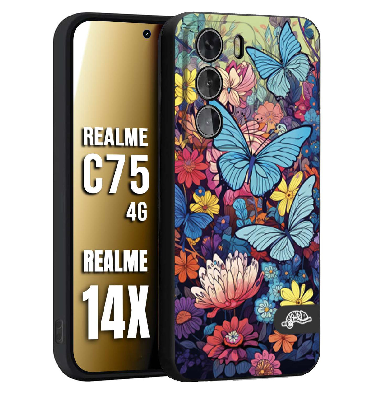 CUSTOMIZZA - Custodia cover nera morbida in tpu compatibile per Realme 14X - C75 4G farfalle butterfly moderno donna disegnate gialla blu rosa
