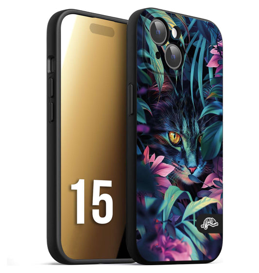 CUSTOMIZZA - Custodia cover nera morbida in tpu compatibile per iPhone 15 animali color giungla tropicale occhio di gatto colori vibranti disegnato