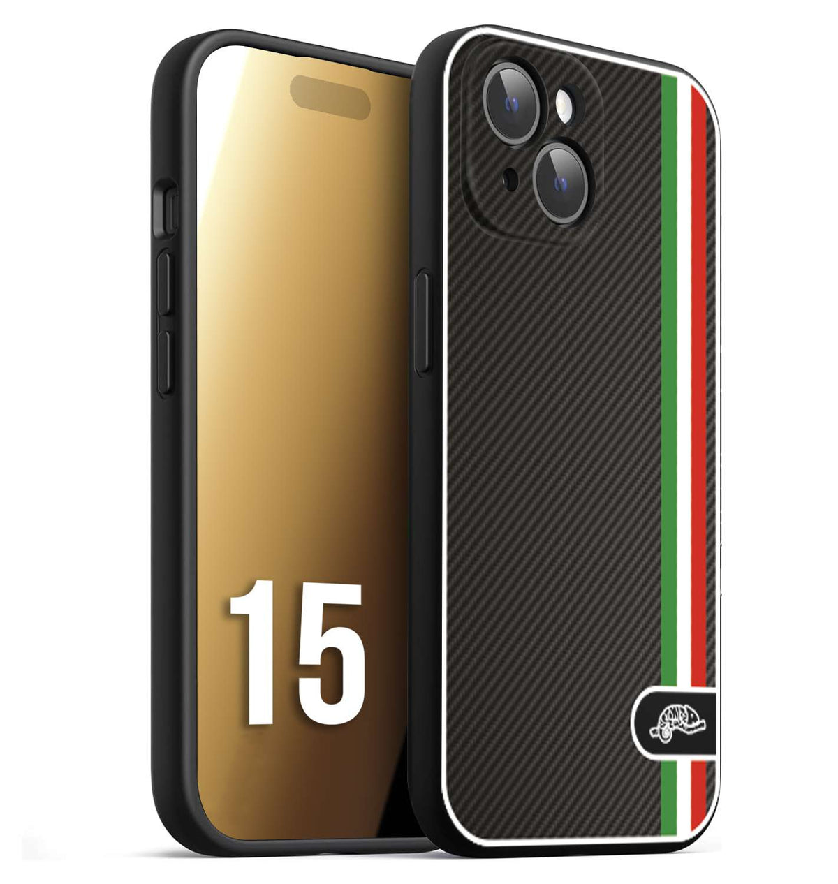 CUSTOMIZZA - Custodia cover nera morbida in tpu compatibile per iPhone 15 effetto fibra di carbonio bandiera Italia made in Italy