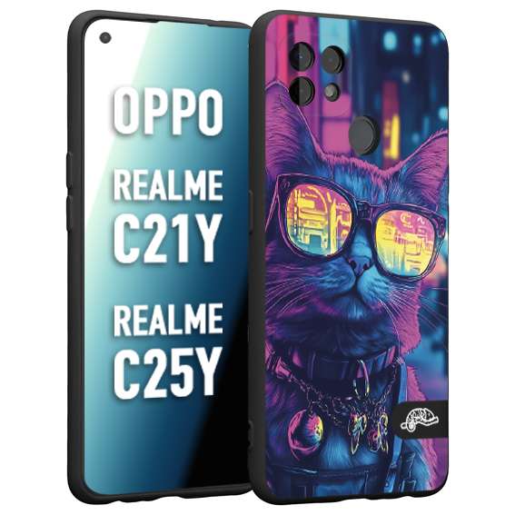 CUSTOMIZZA - Custodia cover nera morbida in tpu compatibile per Realme C21Y - C25Y animali cyberpunk gatto street cat fucsia blu giallo