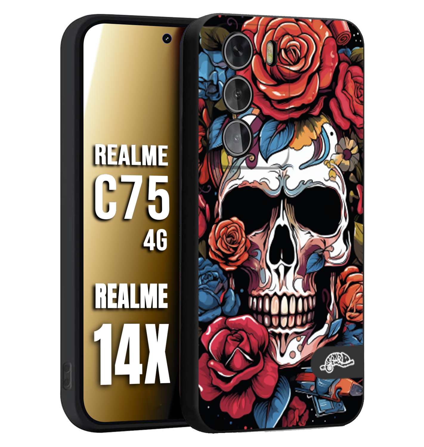 CUSTOMIZZA - Custodia cover nera morbida in tpu compatibile per Realme 14X - C75 4G teschio skull flowers fiori rose rosse tattoo disegnato
