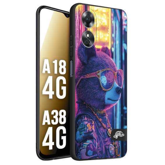 CUSTOMIZZA - Custodia cover nera morbida in tpu compatibile per Oppo A18 4G - A38 4G animali cyberpunk orsetto orso street bear fucsia blu night