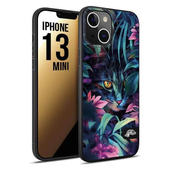 CUSTOMIZZA - Custodia cover nera morbida in tpu compatibile per iPhone 13 MINI animali color giungla tropicale occhio di gatto colori vibranti disegnato