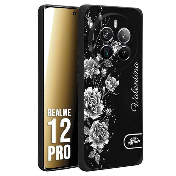 CUSTOMIZZA - Custodia cover nera morbida in tpu compatibile per Realme 12 PRO personalizzata rilievo soft touch nome rose fiori donna