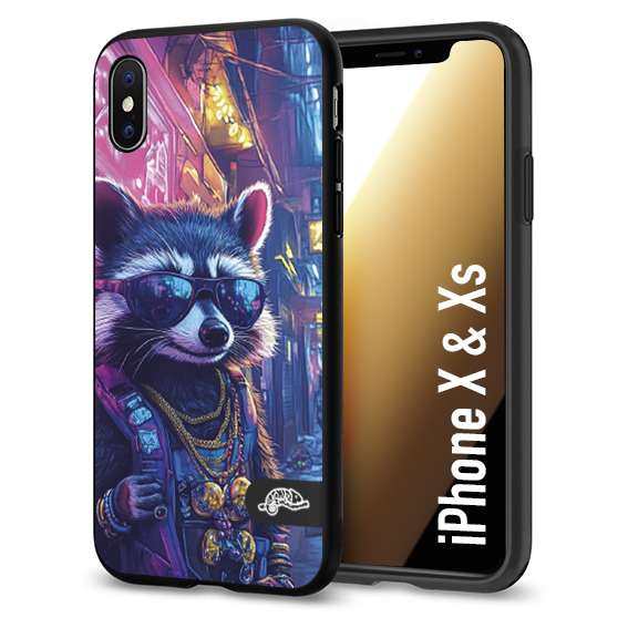 CUSTOMIZZA - Custodia cover nera morbida in tpu compatibile per iPhone X - Xs animali simpatici cyberpunk procione racoon street cat fucsia blu giallo