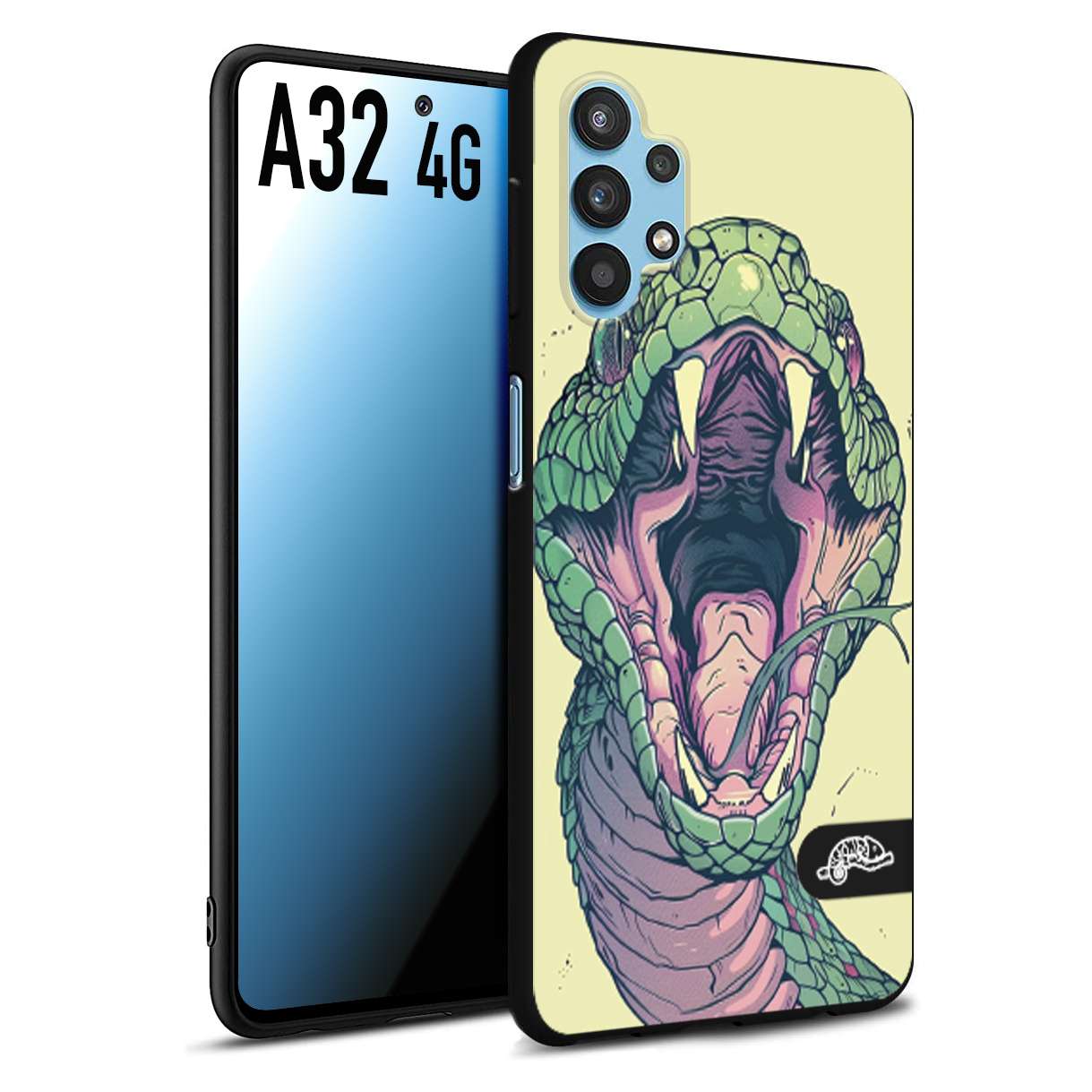 CUSTOMIZZA - Custodia cover nera morbida in tpu compatibile per Samsung A32 4G snake yellow green serpente tatuaggio tattoo disegnato a mano