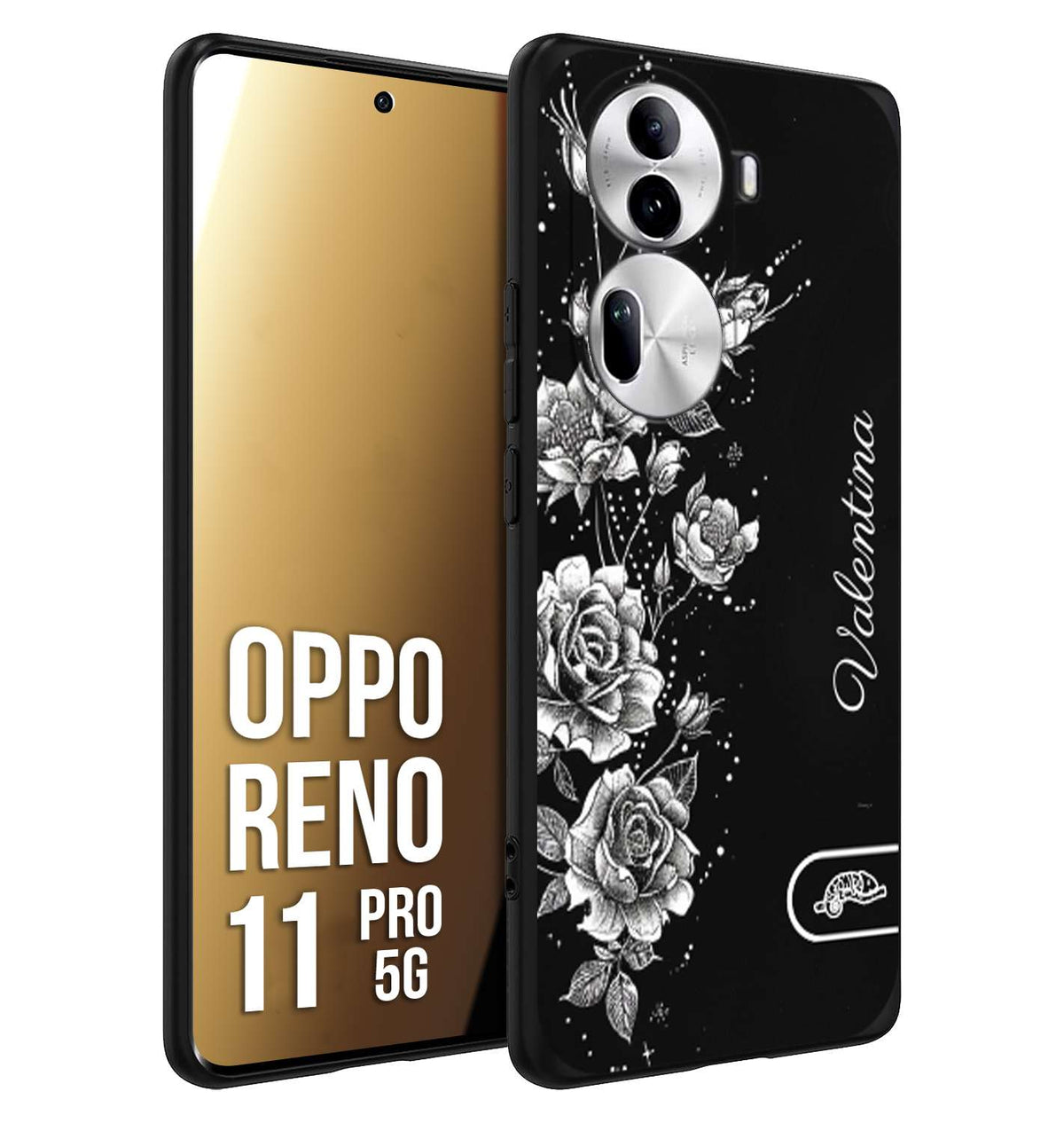 CUSTOMIZZA - Custodia cover nera morbida in tpu compatibile per Oppo Reno 11 PRO 5G personalizzata rilievo soft touch nome rose fiori donna