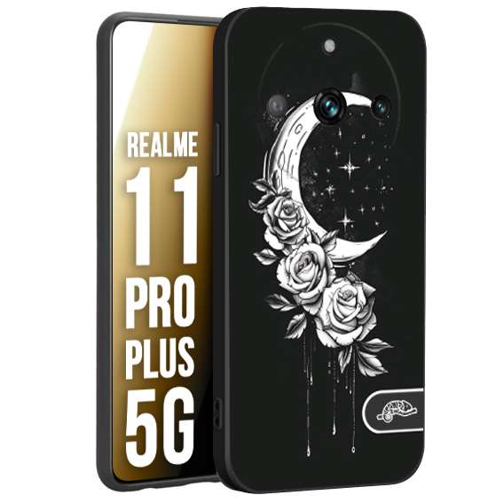 CUSTOMIZZA - Custodia cover nera morbida in tpu compatibile per Oppo Realme 11 PRO PLUS 5G luna e fiori moon flowers black and white bianco a rilievo disegnato tattoo tatuaggio