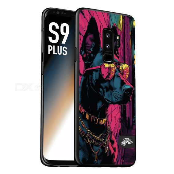 CUSTOMIZZA - Custodia cover nera morbida in tpu compatibile per Samsung S9 PLUS animali cyberpunk dobermann cane street dog fucsia blu